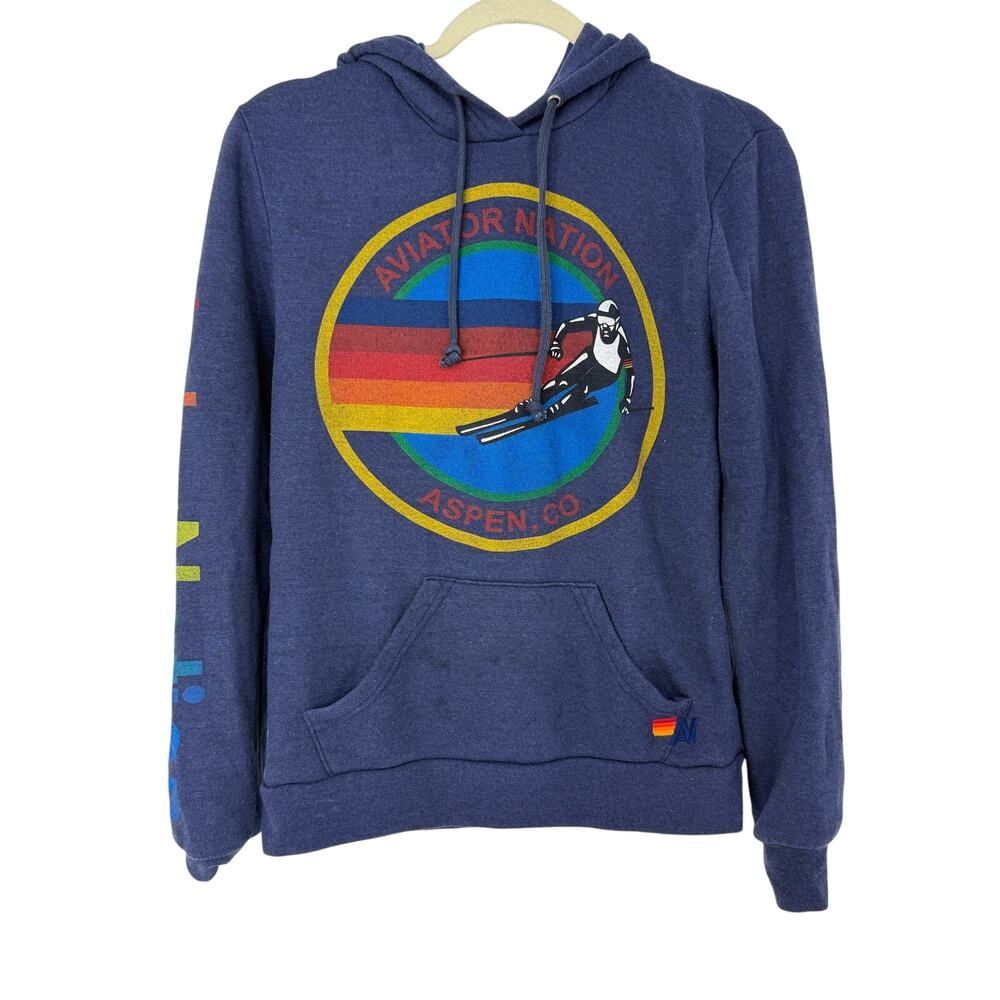 Aviator Nation Aspen Colorado Ski Graphic Hoodie Rainbow Pullover Size S USA